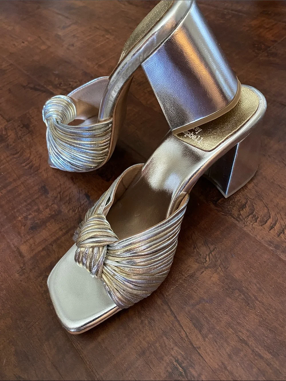 Jeffrey Campbell Metallic Silver-Gold Knot Slide blocked Heels size 7.5